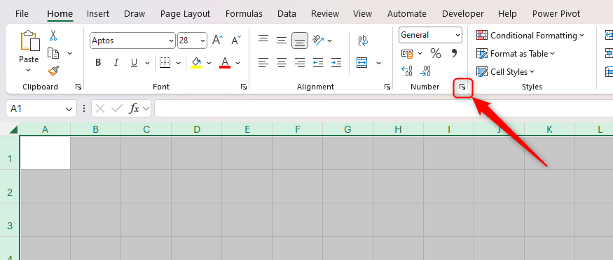 All cells in a blank Excel workbook are selected, and the Format Cells dialog box launcher in the Number group is selected.
