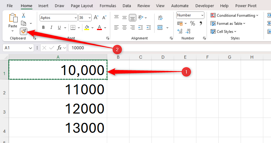 An Excel cell containing the number 10,000 with a thousands separator is active, and the Format Painter icon is selected.