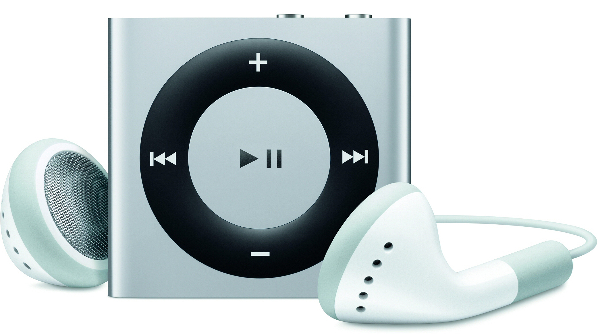 The iPod Shuffle 2010 with Apple's wired earbuds