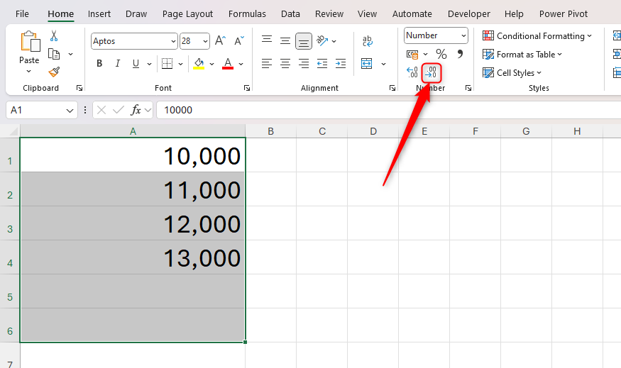 Excel cells containing numbers are selected, and the Decrease Decimal button in the ribbon is highlighted.