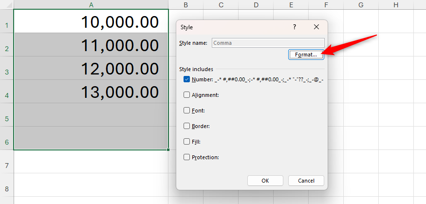 Format is selected in Excel's Style dialog box.