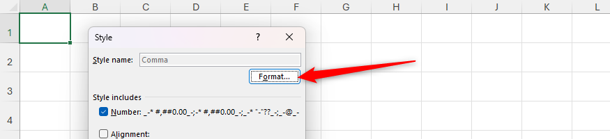 Format is selected in Microsoft Excel's Cell Style dialog box.
