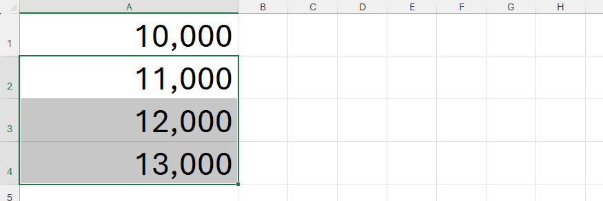 Four cells in Excel containing values with the thousands separator.
