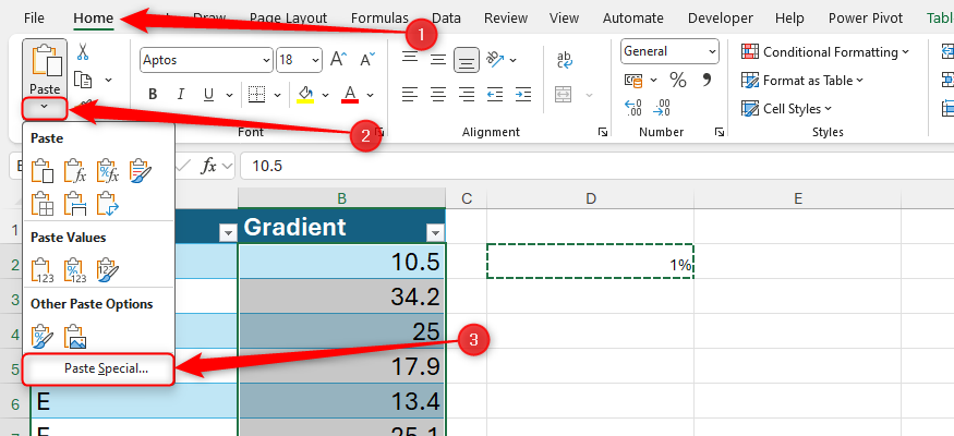 Paste Special is selected in the Paste drop-down menu in Microsoft Excel.