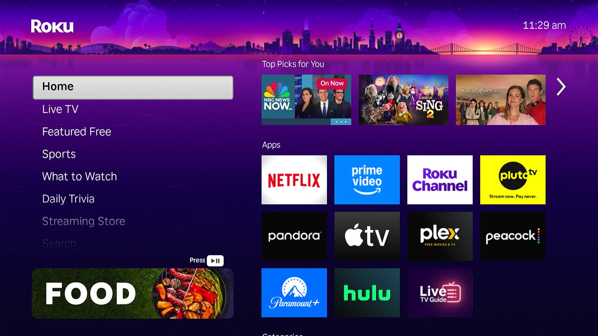 Roku home screen with