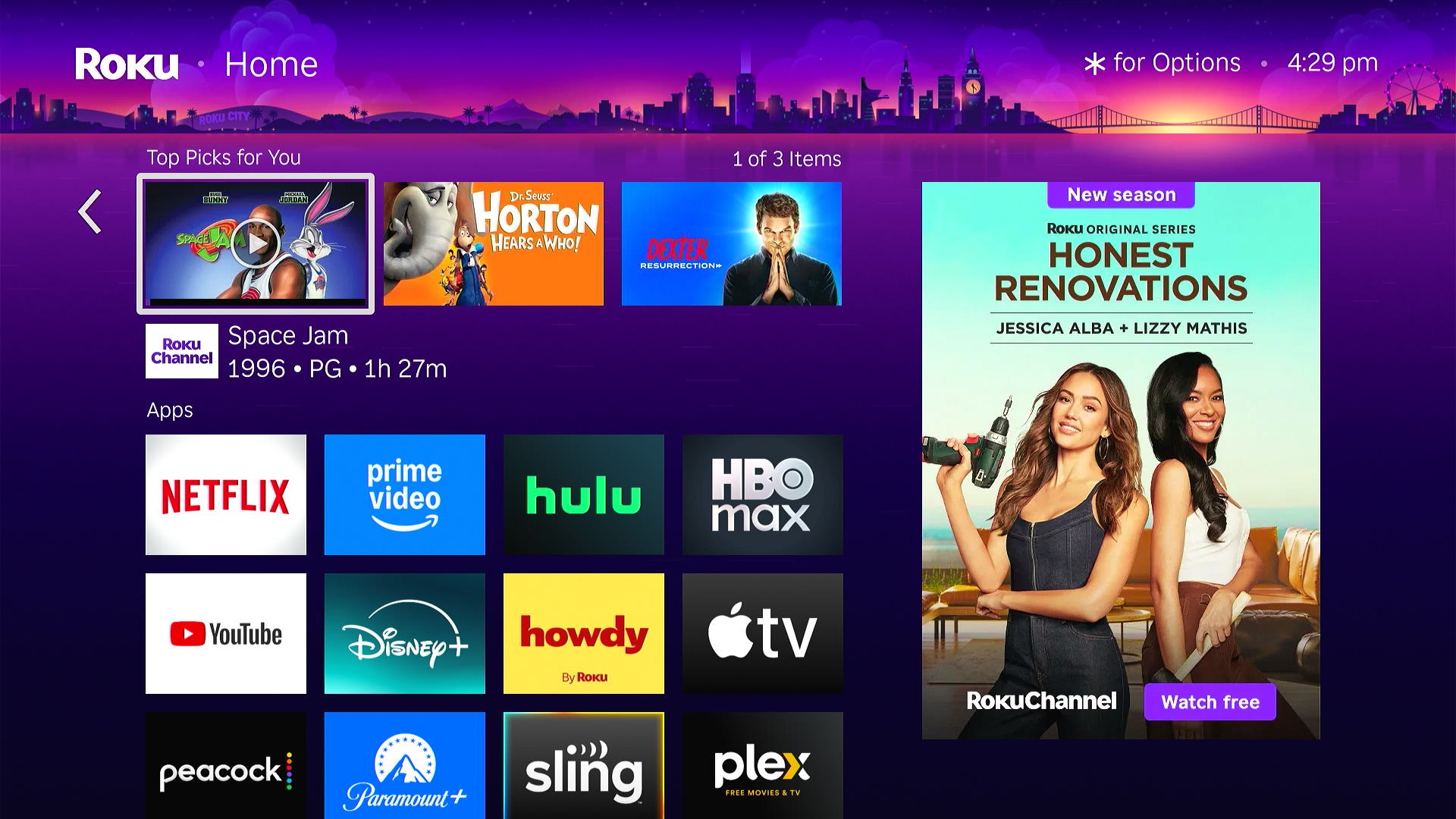 Roku Streaming Stick Plus home screen with