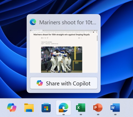 Share with Copilot button in the preview for a Microsoft Edge window.