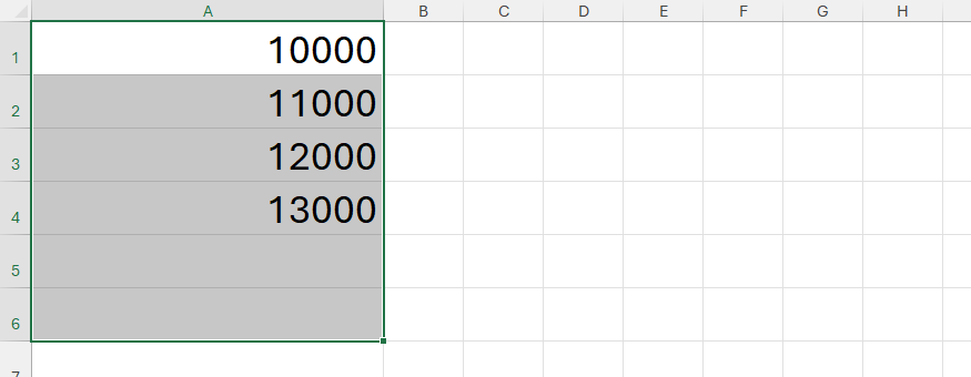 Six cells in column A of an Excel worksheet are selected. Four contains numbers, and two are blank.