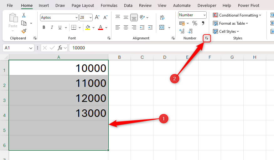 Some cells containing numbers, as well as some blank cells, are selected in Excel, and the Format Cells dialog box launcher is selected.
