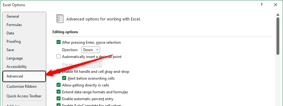 The Advanced tab in the Excel Options window.