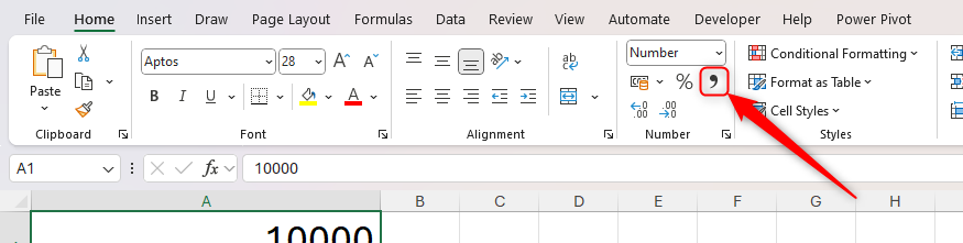 The Comma icon in the Number group of the Home tab on Excel's ribbon.