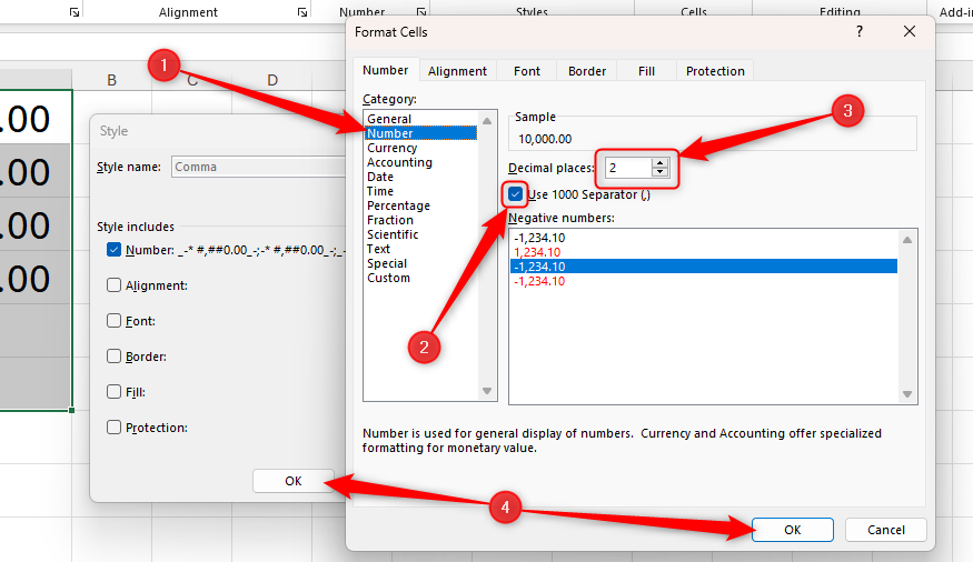 The Format Cells dialog box in Excel, with the thousands separator checkbox checked, the decimal places area set to two, and the OK buttons highlighted.