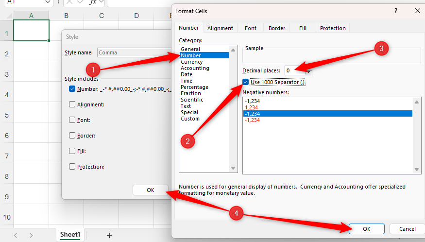 The Format Cells dialog box in Micosoft Excel, with the thousands separator checkbox checked, the decimal places area set to zero, and the OK buttons highlighted.