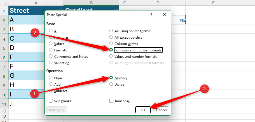 The Multiply and Formulas And Number Formats options are checked in Excel's Paste Special dialog box.