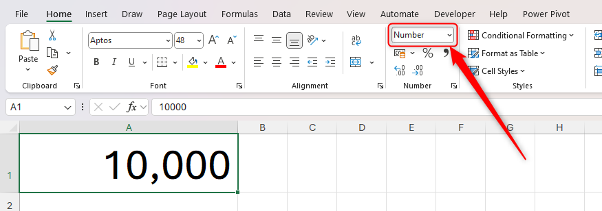 The number cell format is applied to a cell containing 10,000 with a comma as a thousands separator.