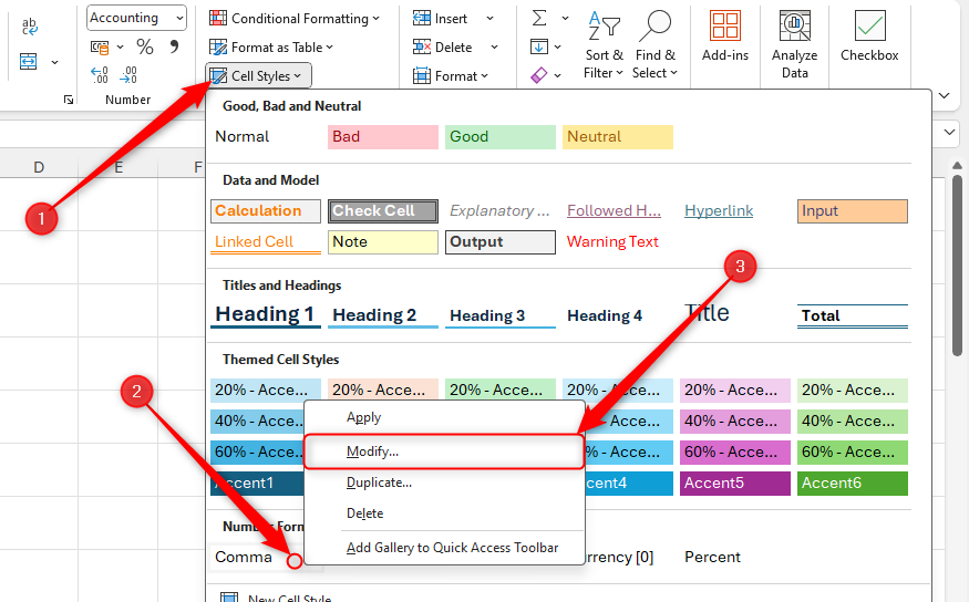 The right click menu on the Comma Style in Excel is expanded, and Modify is selected.