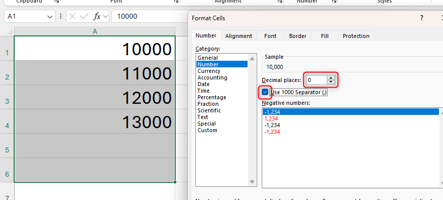Use 1000 Separator is checked in Excel's Format Cells dialog box, and the decimal places option is changed to zero.
