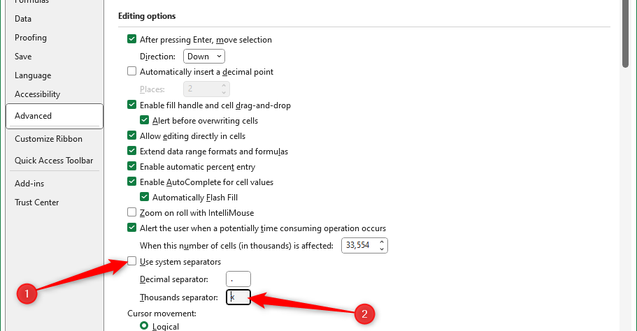 Use System Separators is unchecked in the Excel Options dialog box, and 'x' is typed as the alternative thousands separator.