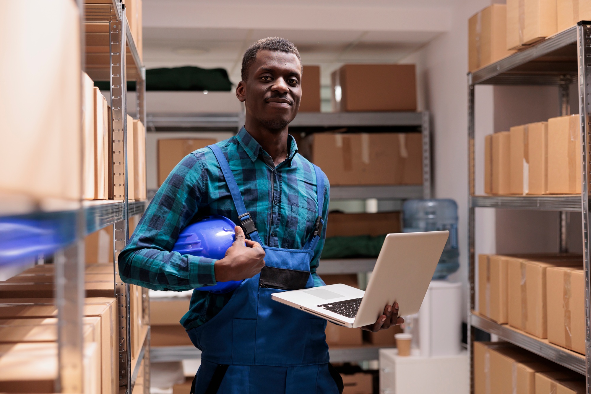 Warehouse employee doing inventory management using laptop