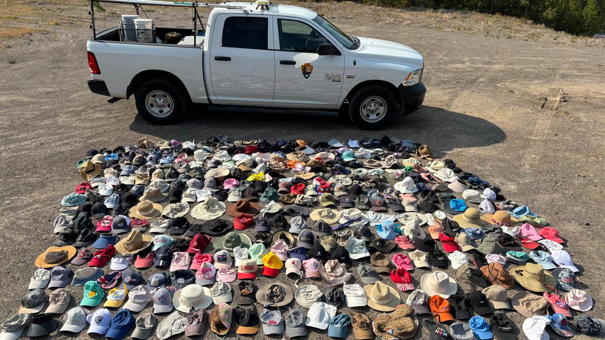 hundreds of hats that were recovered from yellowstone national park laid out in front of a white pick up truck