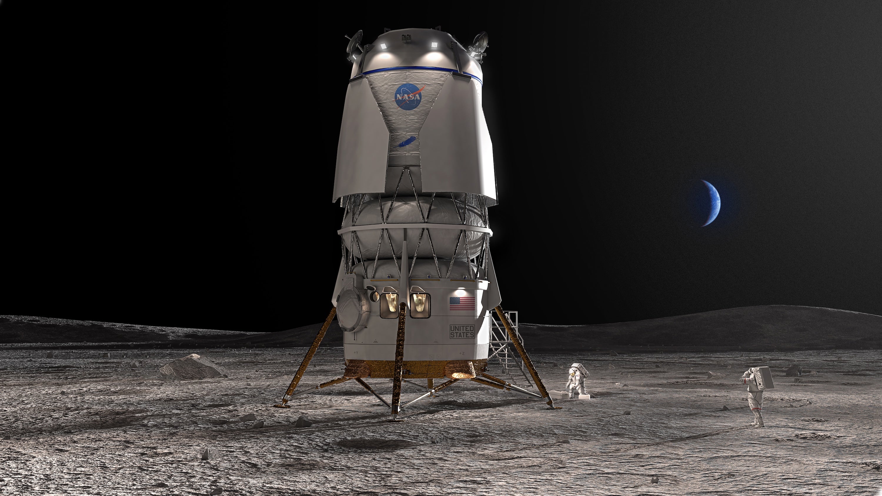 A tall three-part canister stands on the moon with three tripod legs while small astronauts walk below.