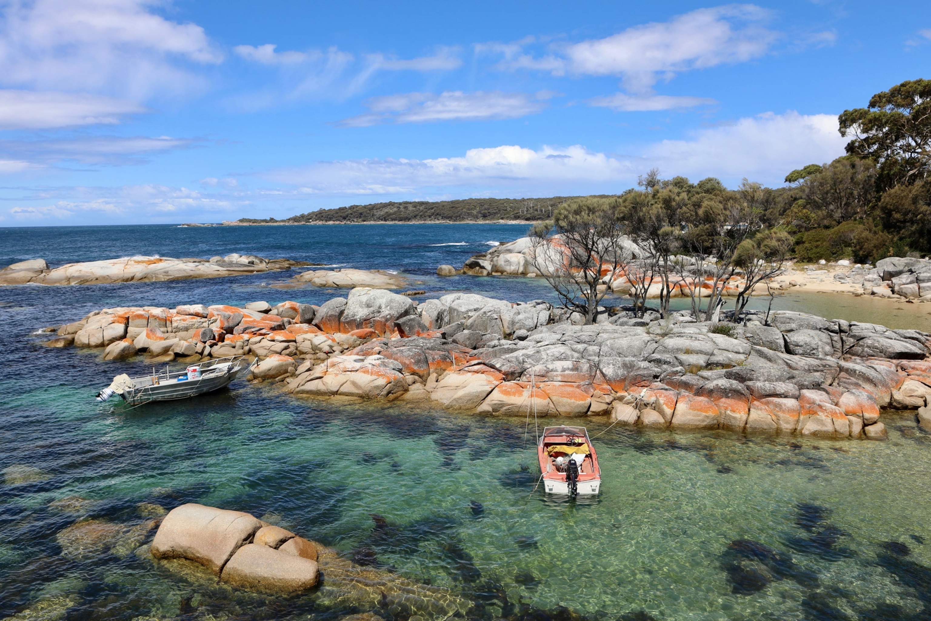 Boats docked at Binalong Bay, Tasmania, Australia,