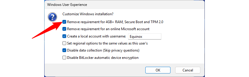 Disable the TPM 2.0 and Secure Boot requirements, then click OK.