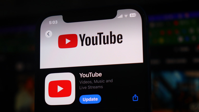 Youtube app on smartphone app store, with update option available