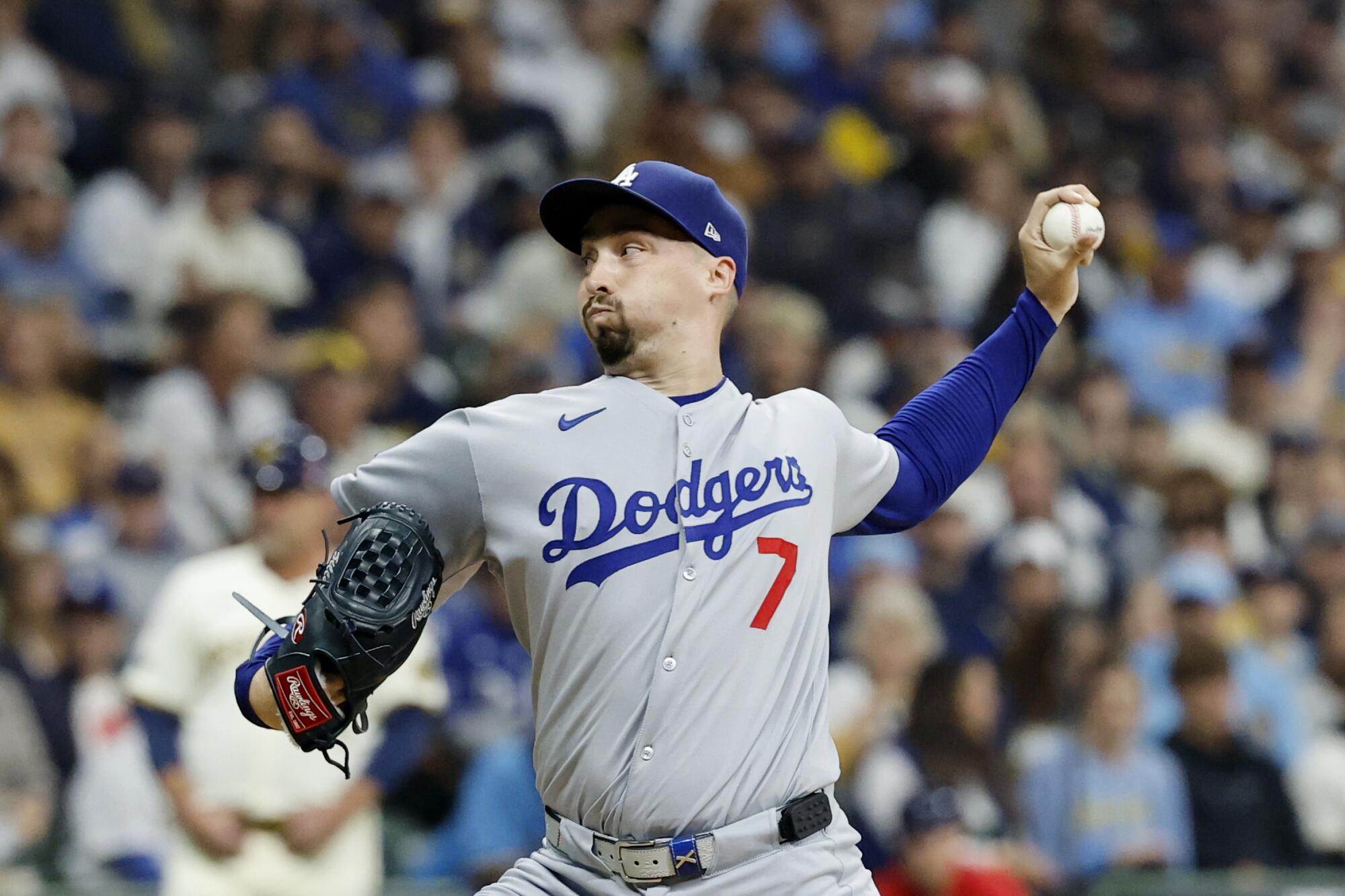 Dodgers pitcher Blake Snell delivers during a 2-1 win over the Milwaukee Brewers in Game 1 of the NLCS.