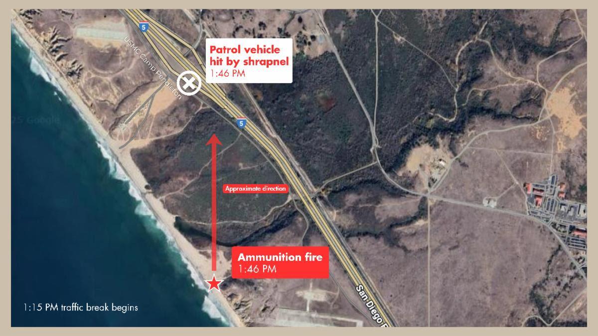 A map shows the location of a CHP vehicle when it was hit by shrapnel
