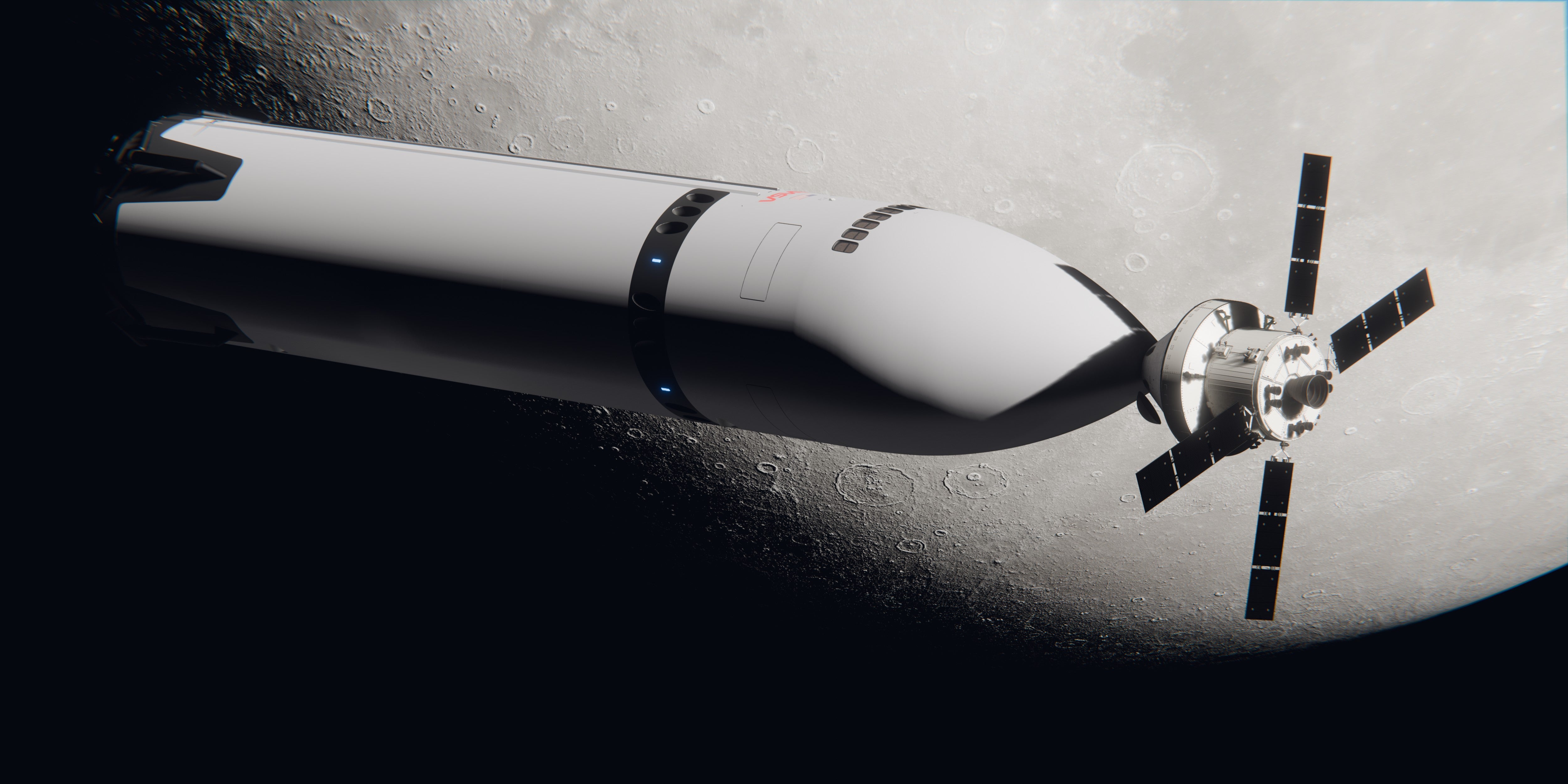 A large tube-like pointed spacecraft docked to a smaller canister spacecraft with four black wings.