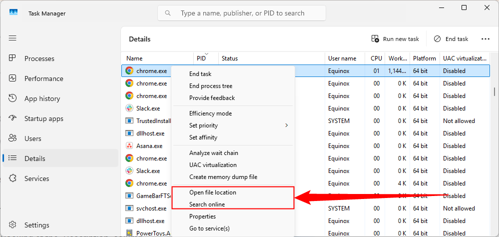 Search online or open file location.