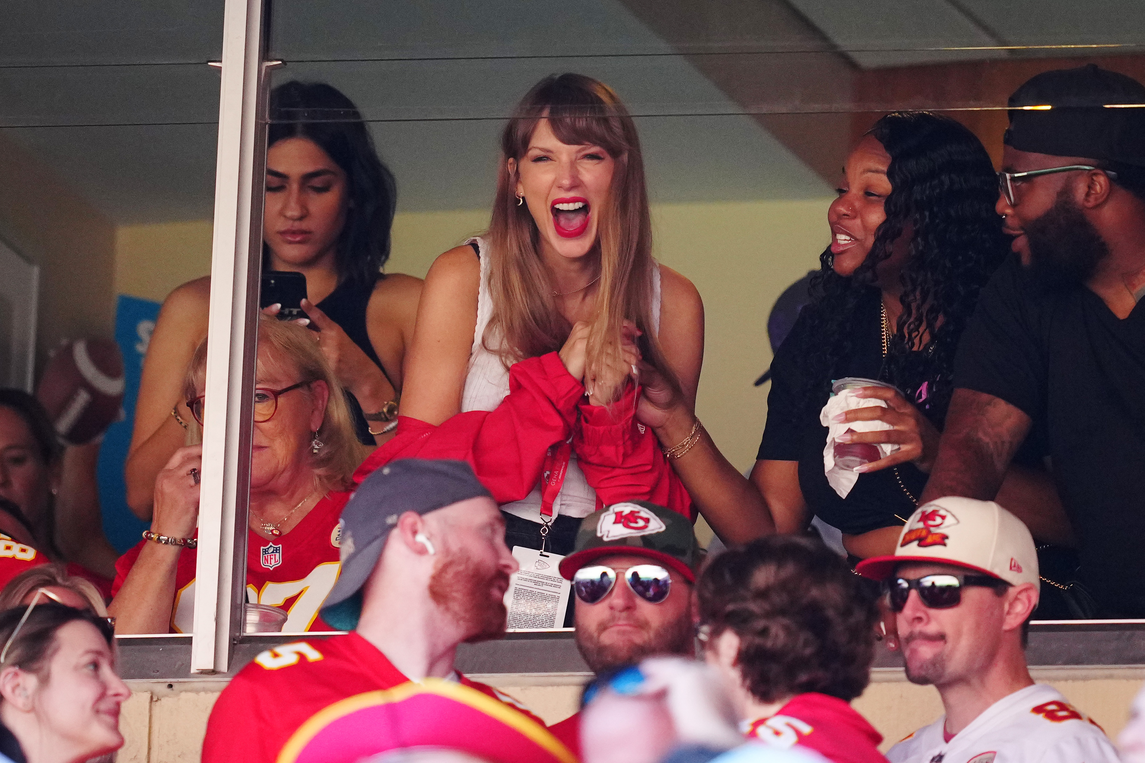 Taylor Swift reacts during the first half of a game between the Chicago Bears and the Kansas City Chiefs.