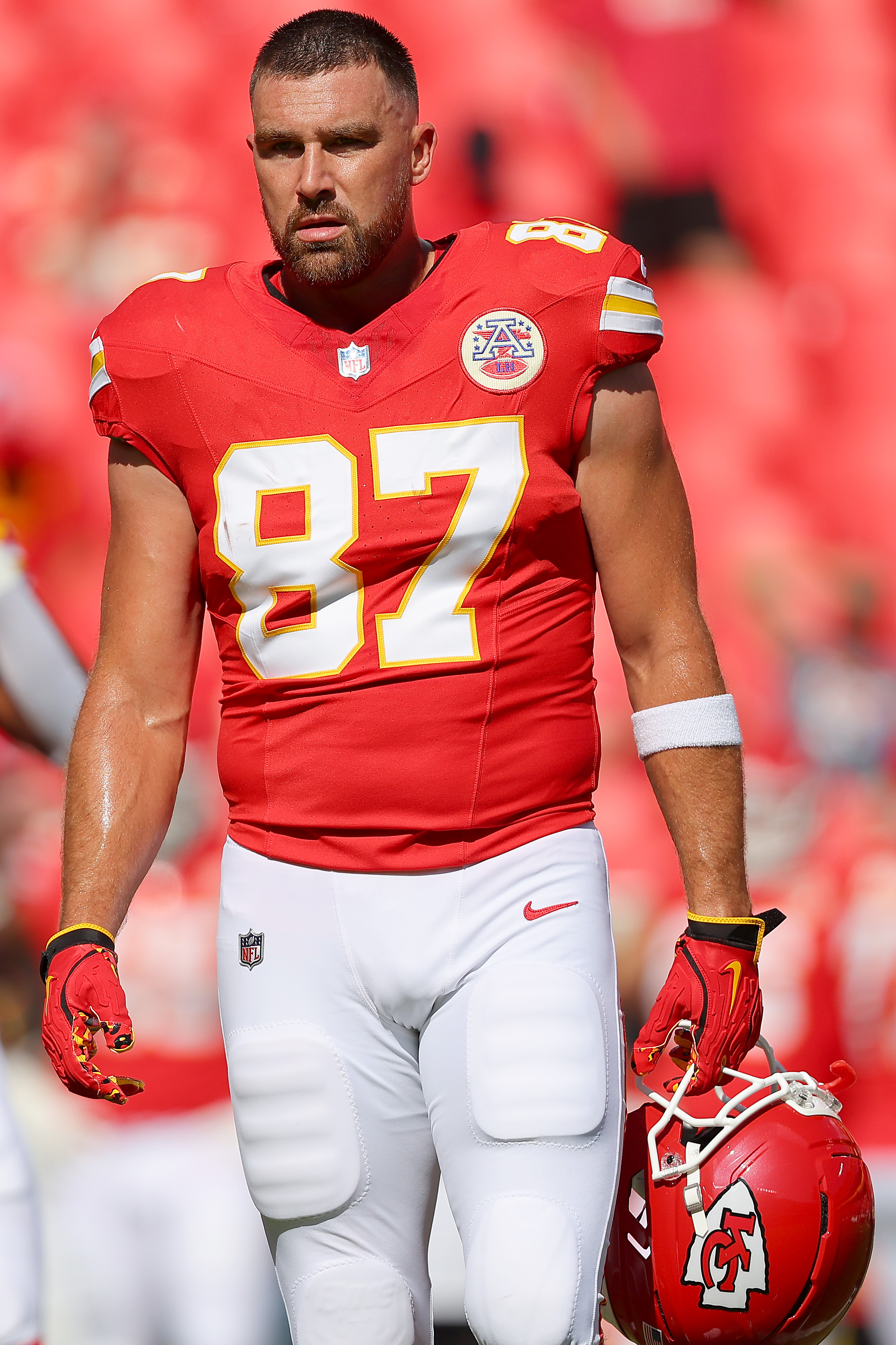 Travis Kelce of the Kansas City Chiefs in his red and white uniform.